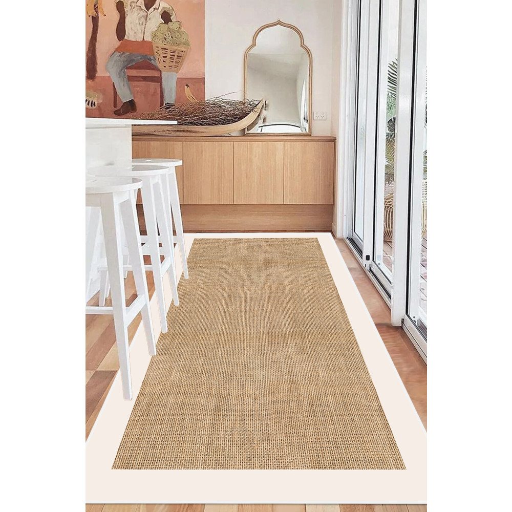 Decomia Home Dijital Kaymaz Yıkanabilir Jüt Görünümlü Beyaz Çerçeveli Salon Halısı Mutfak Halısı Yolluk 80 x 200 Beden Kilim Fiyatı