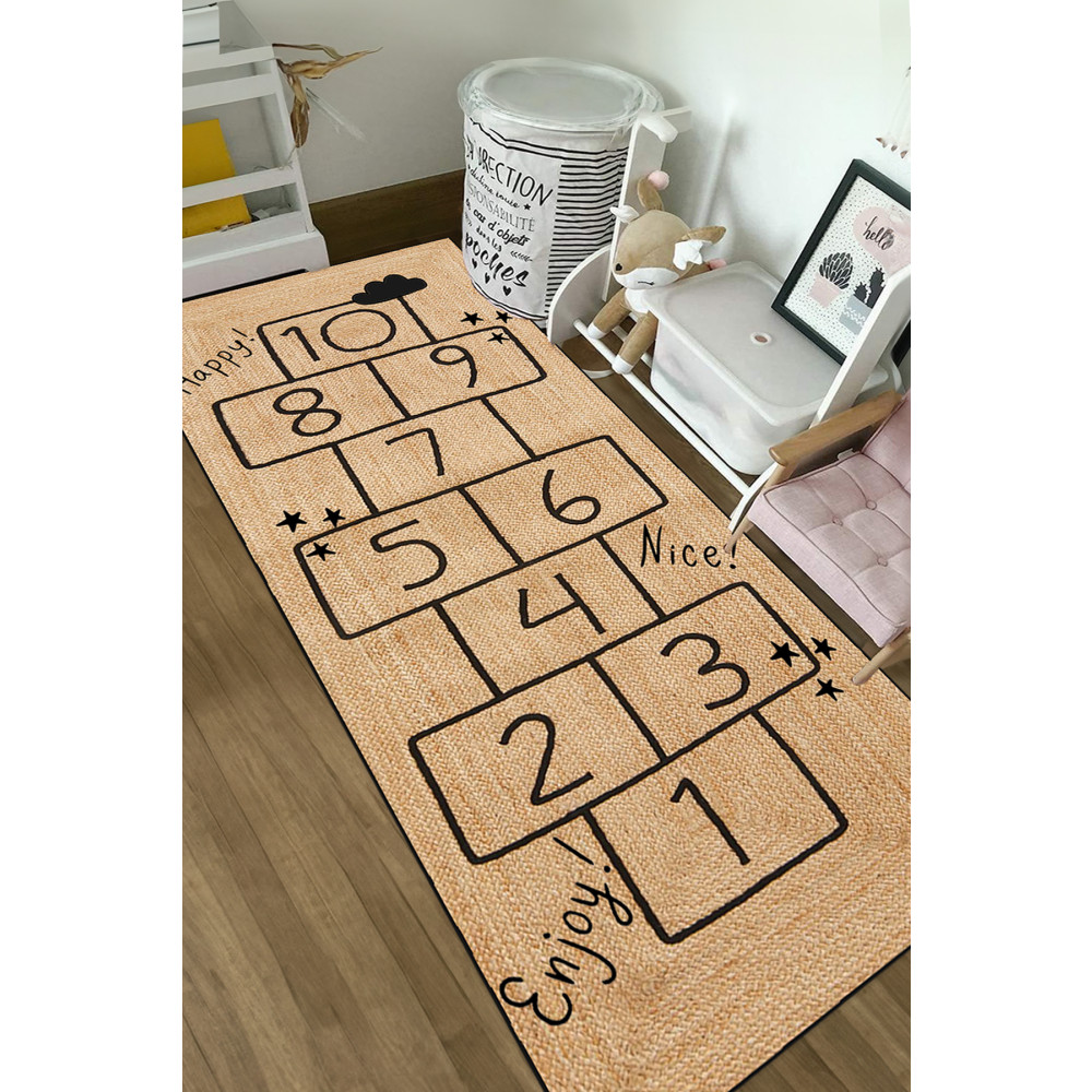 Decomia Home Dijital Kaymaz Yıkanabilir Jüt Görünümlü Seksek Çocuk Halısı Çocuk Oyun Halısı Çocuk Odası Dekor 80 x 300 Beden Bebek Odası Halı Fiyatı