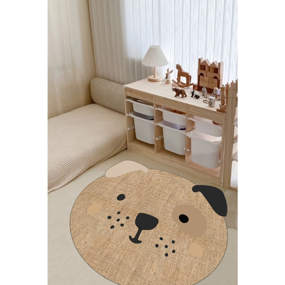 Decomia Home Dijital Kaymaz Yıkanabilir Jüt Görünümlü Sevimli Köpek Modern Çocuk Halısı Çocuk Odası Halısı 120 x 120 Beden Bebek Odası Halı Fiyatı