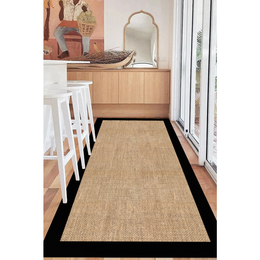 Decomia Home Dijital Kaymaz Yıkanabilir Jüt Görünümlü Siyah Çerçeveli Salon Halısı Mutfak Halısı Yolluk 60 x 250 Beden Kilim Fiyatı