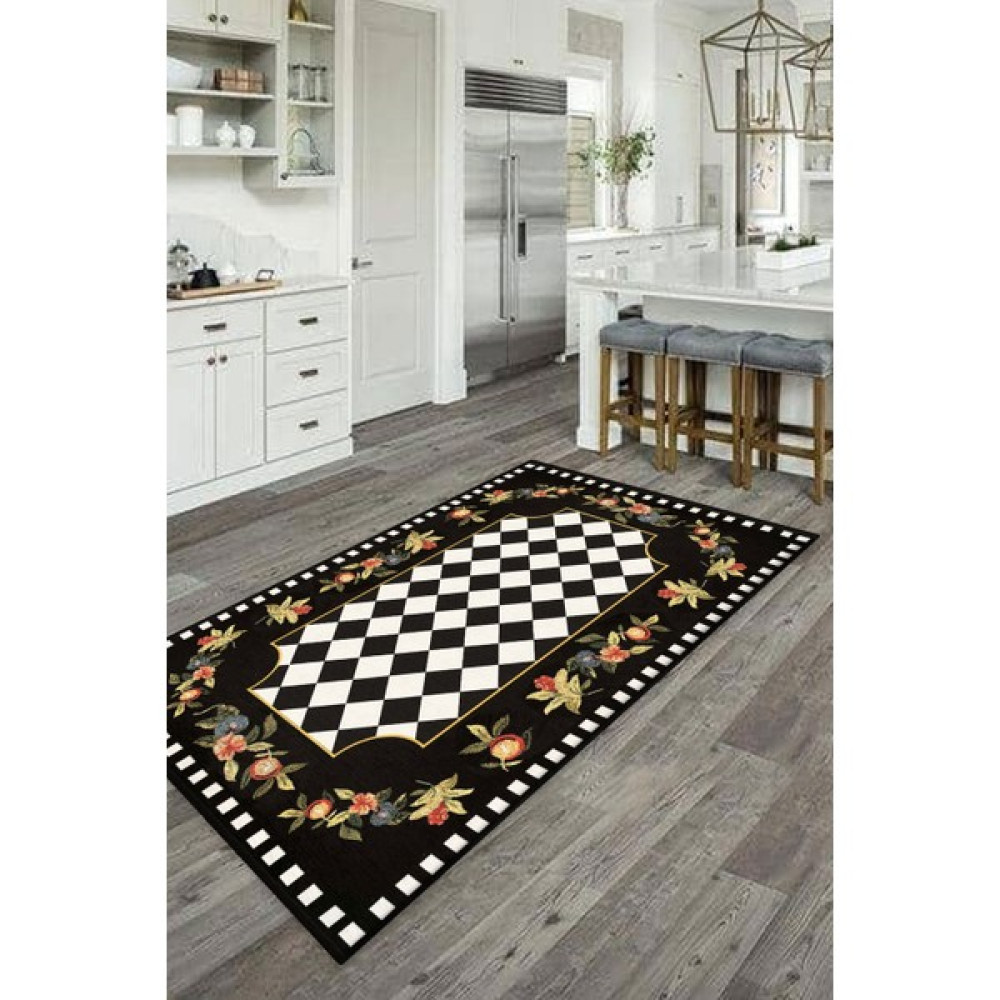 Decomia Home Dijital Kaymaz Yıkanabilir Karabağ Dama Salon Halısı Mutfak Halısı Halı-Yolluk D5052 - 80 x 100 cm - Siyah Salon Halısı Fiyatı
