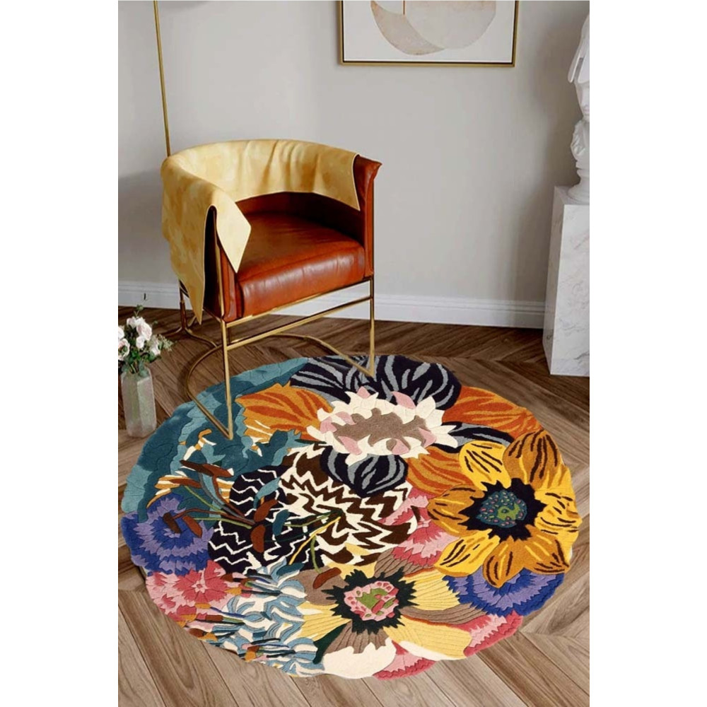 Decomia Home Dijital Kaymaz Yıkanabilir Renkli Çiçekli Salon Halısı Mutfak Halısı Balkon Halısı 140 x 140 Beden Kilim Fiyatı