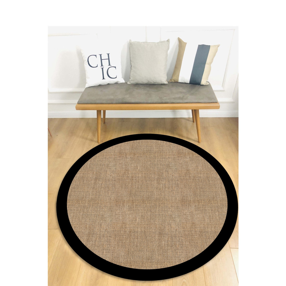Decomia Home Dijital Kaymaz Yıkanabilir Siyah Çerçeveli Jüt Görünümlü Yuvarlak Salon Halısı Mutfak Halısı Paspas 180 x 180 Beden Kilim Fiyatı