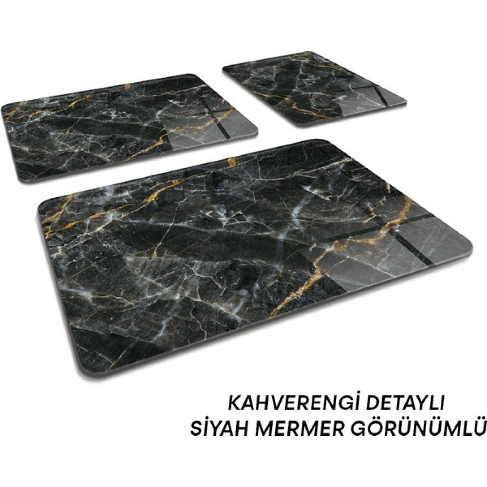 Decorita 3'lü Takım Kahverengi Detaylı Siyah Mermer Görünümlü | Cam Kesme Tahtası - Cam Kesme Tablası Kesme Tahtaları / Kesim Tablaları Fiyatı