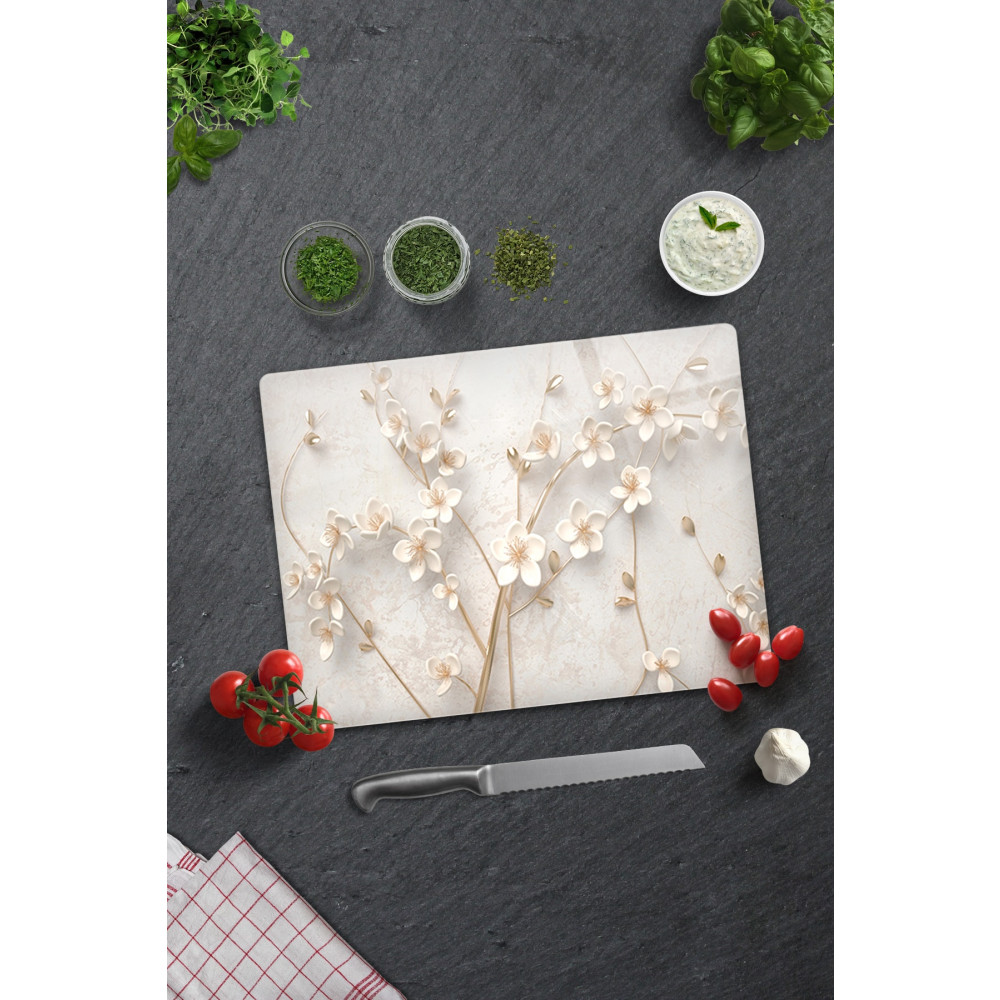 Decorita Cam Kesme Tahtası - Cam Kesme Tablası | Beyaz Çiçek - Gold | 30cm x 40cm Kesme Tahtaları / Kesim Tablaları Fiyatı