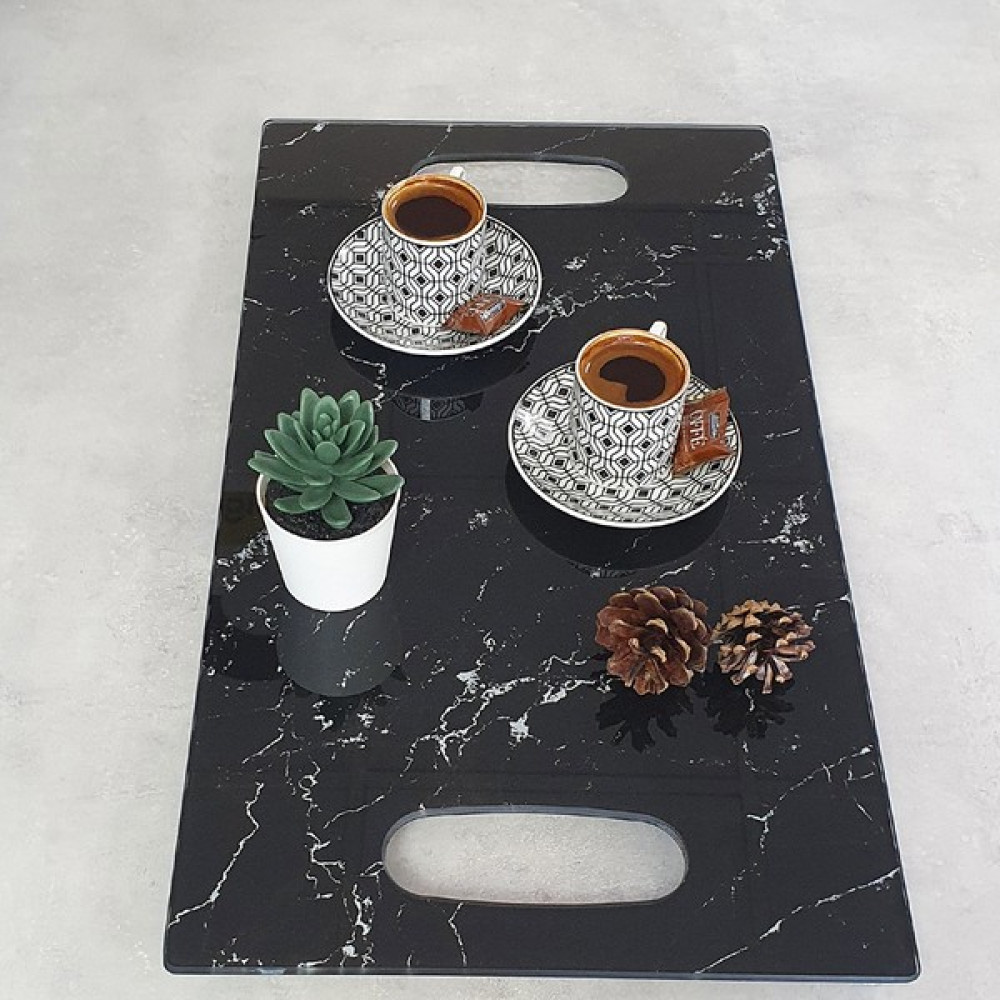Decorita Cam Tepsi | Siyah Mermer | 29cm x 52cm - Renkli Servis Tepsisi Fiyatı