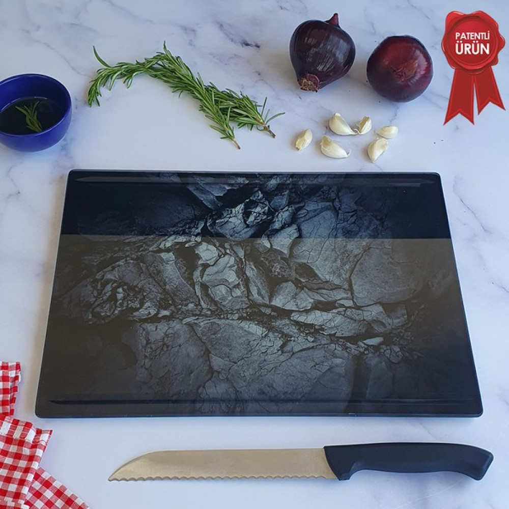 Decorita Kanallı Cam Kesme Tahtası - Cam Kesme Tablası | Doğal Taş Desenli | 25cm x 35cm | Patentli Ürün Kesme Tahtaları / Kesim Tablaları Fiyatı