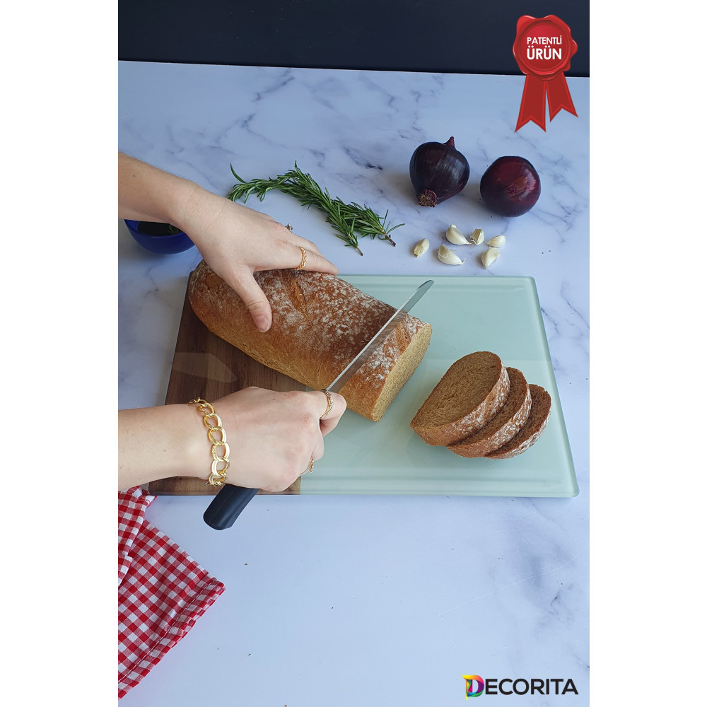 Decorita Kanallı Cam Kesme Tahtası - Cam Kesme Tablası | Kenarı Ahşap Desenli | 25cm X 35cm | Patentli Ürün Kesme Tahtaları / Kesim Tablaları Fiyatı