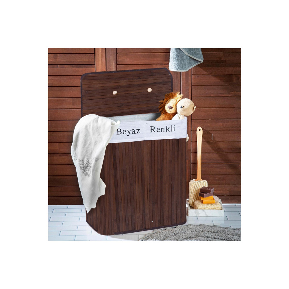 DECOSTYLE Evidea Deco&style Bambu Çift Hazneli Çamaşır Sepeti - Koyu Kahverengi Çamaşır Sepeti Fiyatı