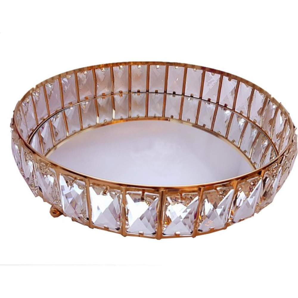 Decovien 30 cm Gold Yuvarlak Taşlı Aynalı Tepsi Servis Tepsisi Fiyatı