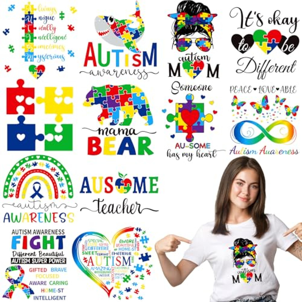 DECYOOL 12 Sheets Autism Awareness Iron on Transfers, Heat Transfer Vinyl Autism Iron on Decals for T Shirts Puzzle Rainbow Appliques Autism Patches Iron On Stickers for Clothes Bag Pillow Covers DIY