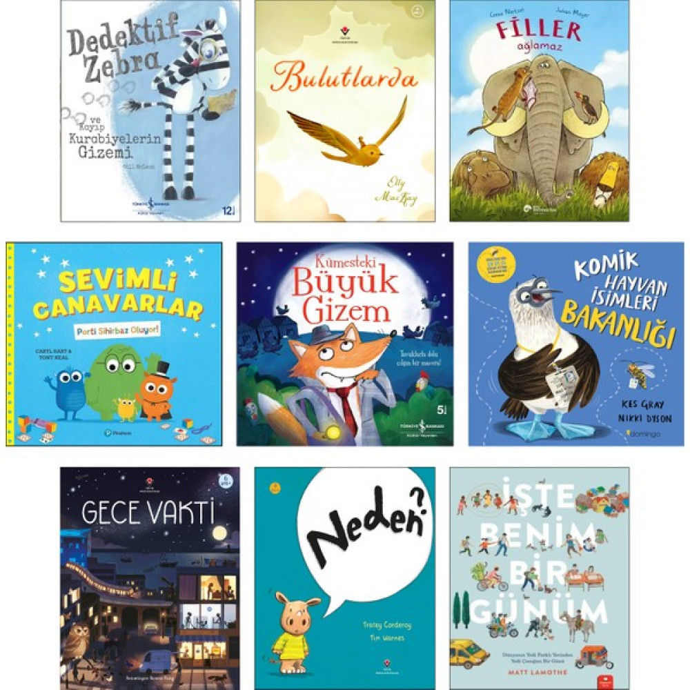 Dedektif Zebra + Bulutlarda + Filler Ağlamaz + Sevimli Canavarlar + Kümesteki Büyük Gizem + Komik Hayvan İsimleri Bakanlığı + Gece Vakti + Neden? +... Çocuk Masal Fiyatı