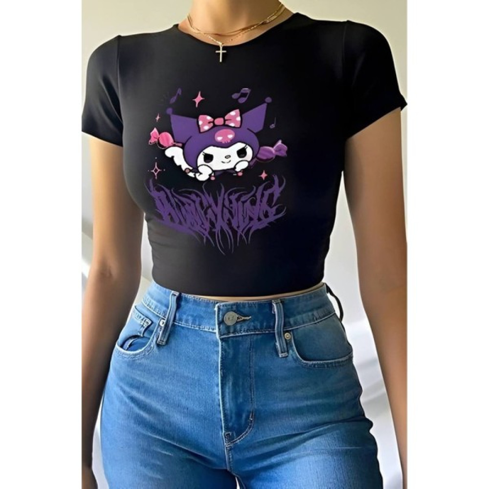 Deef Wear Deefwear Siyah Harajuku Anime Kuromi Baskılı Crop Bayan T-shirt Fiyatı