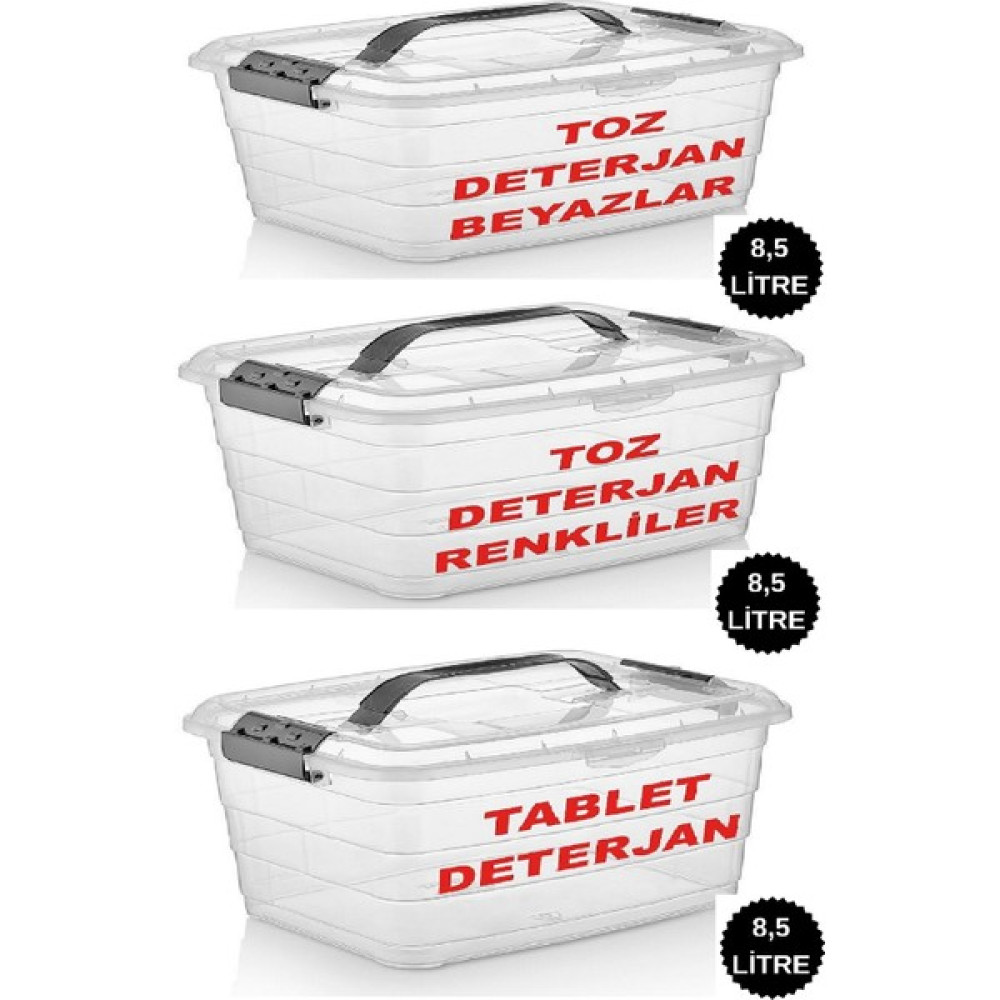 Deembro 3 Lü Set 3*8,5 Litre Toz Deterjan Saklama Kutusu Renkliler ve Beyazlar ve Tablet Deterjan Kutusu 3 Lü Set Eşya Saklama Kutusu Fiyatı