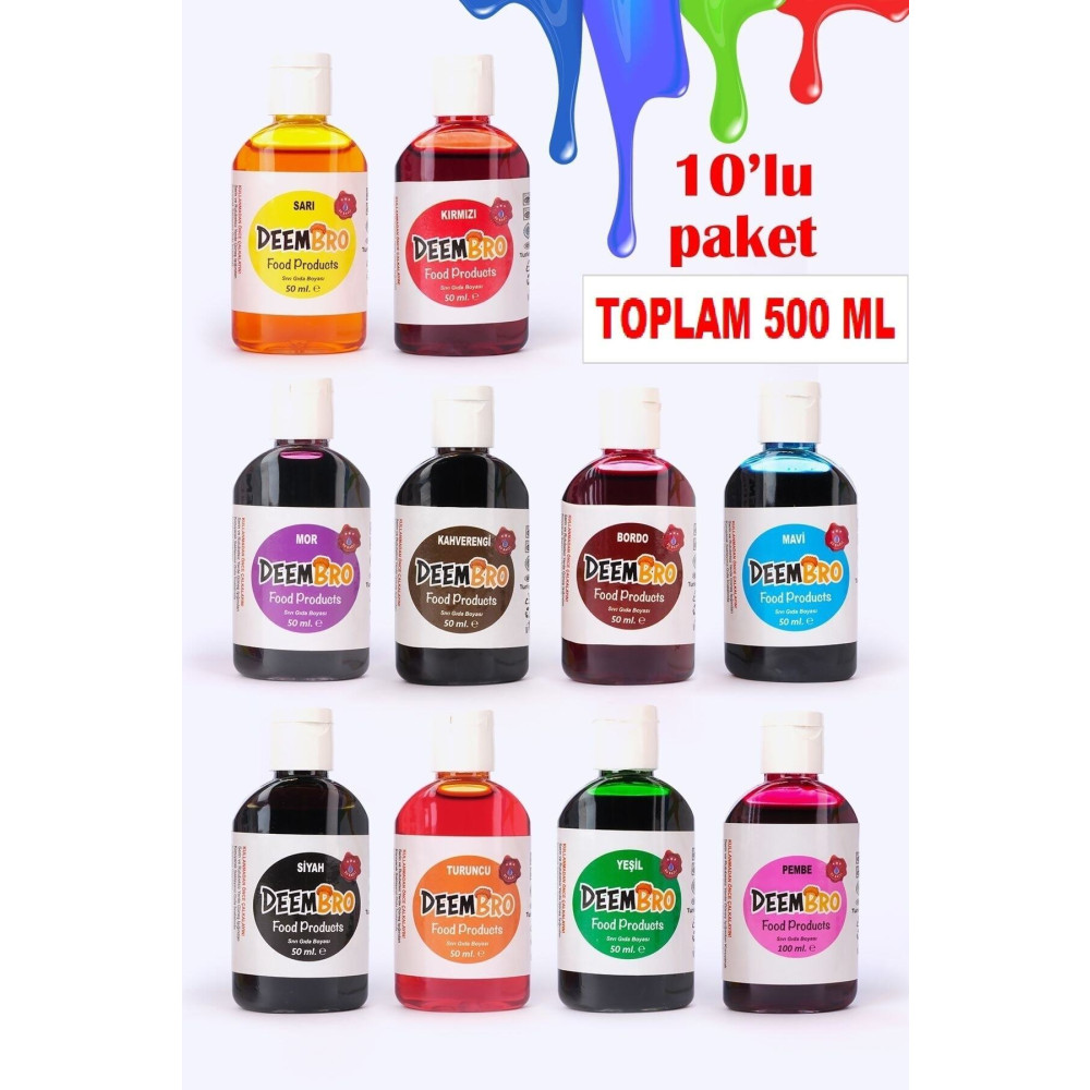 DEEMBRO Gıda Boyası Seti 10 Adet 10 Renk 50 Ml X 10 Adet Toplam 500 Ml Su Bazlı Sıvı Gıda Boyaları Tatlı ve Pasta Malzemeleri Fiyatı