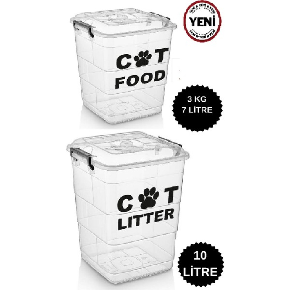 Deembro Kedi Mama 3 kg ve Kedi Kumu 10 Lt Saklama Kabı Seti Mama Saklama Kabı Kedi Maması ve Kumu 2 Li Set Evcil Hayvan Ürünleri Fiyatı
