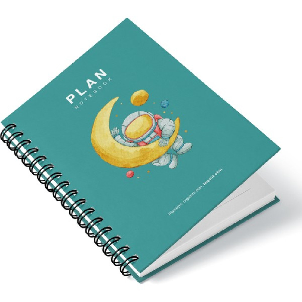 Deep Notebook Süresiz Planlayıcı Ajanda A5 Spiralli Hilal ve Astronot Uzay Tasarımı - Turkuaz Ajanda Fiyatı
