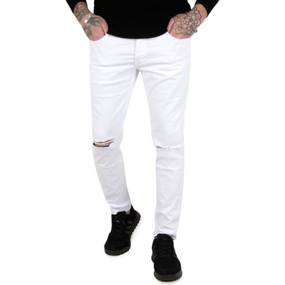 Deepsea Beyaz Dar Kesim Boru Paça Erkek Kot Pantolon 1902114 Erkek Jeans / Kot Pantolon Fiyatı