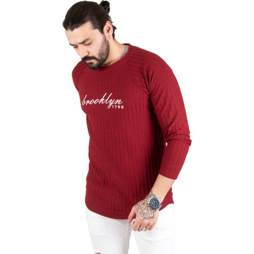 DeepSEA Bordo Eteği Oval Kesim Bisiklet Yaka Önü Yazı Baskılı Triko Erkek Sweatshirt 1808072 Erkek Kazak & Süveter & Triko Fiyatı