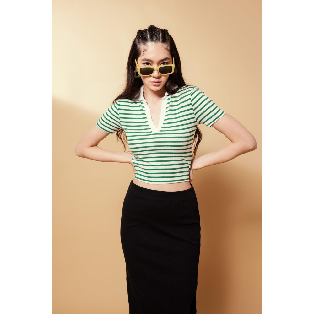 DeFacto Fitted Polo Yaka Çizgili Kısa Kollu Tişört XXL Beden Bayan T-shirt Fiyatı