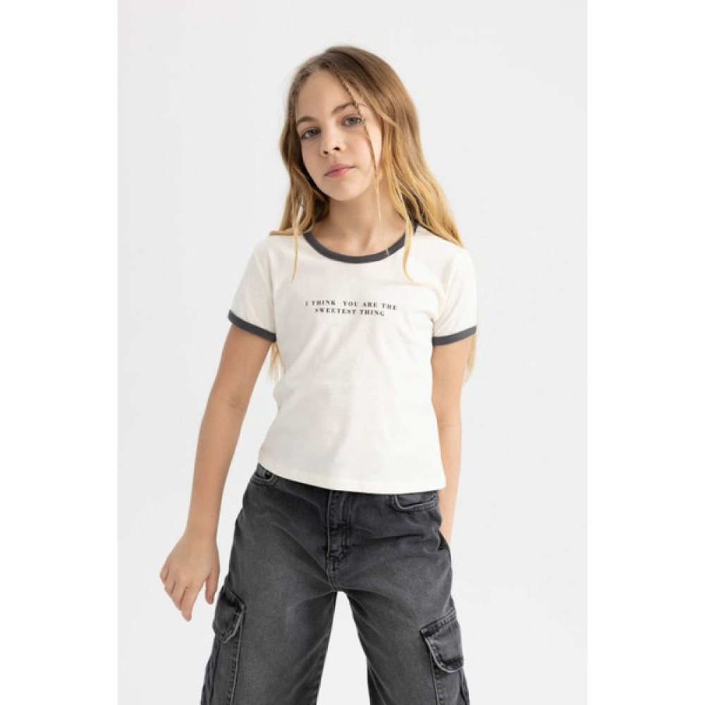 DeFacto Kız Çocuk Crop Slogan Baskılı Kısa Kollu Tişört C1204A824SM Kız Çocuk T-shirt Fiyatı