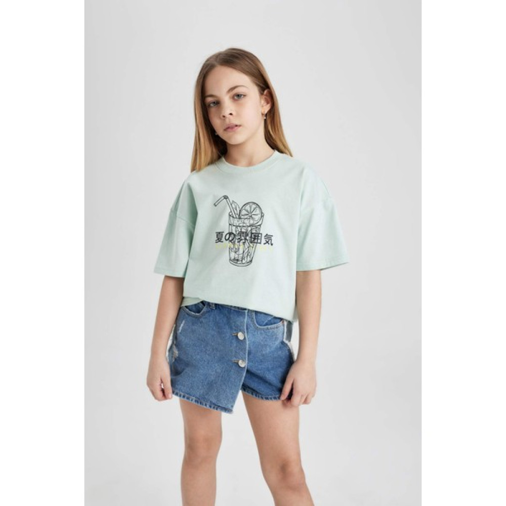 DeFacto Kız Çocuk Oversize Geniş Kalıp Bisiklet Yaka Baskılı Kısa Kollu Tişört B5169A824HS Kız Çocuk T-shirt Fiyatı