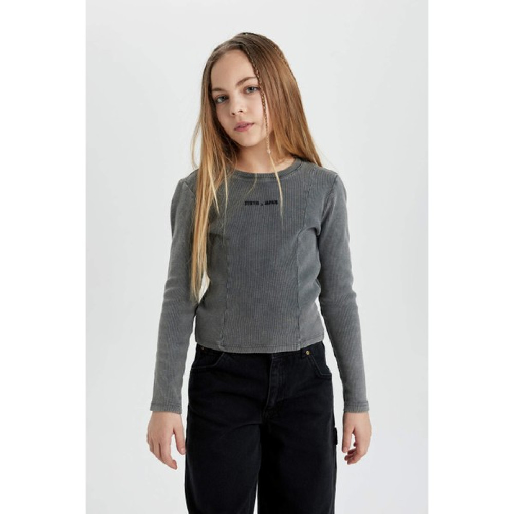 DeFacto Kız Çocuk Regular Fit Bisiklet Yaka Fitilli Kaşkorse Uzun Kollu Tişört C0247A824SP Kız Çocuk Sweatshirt Fiyatı