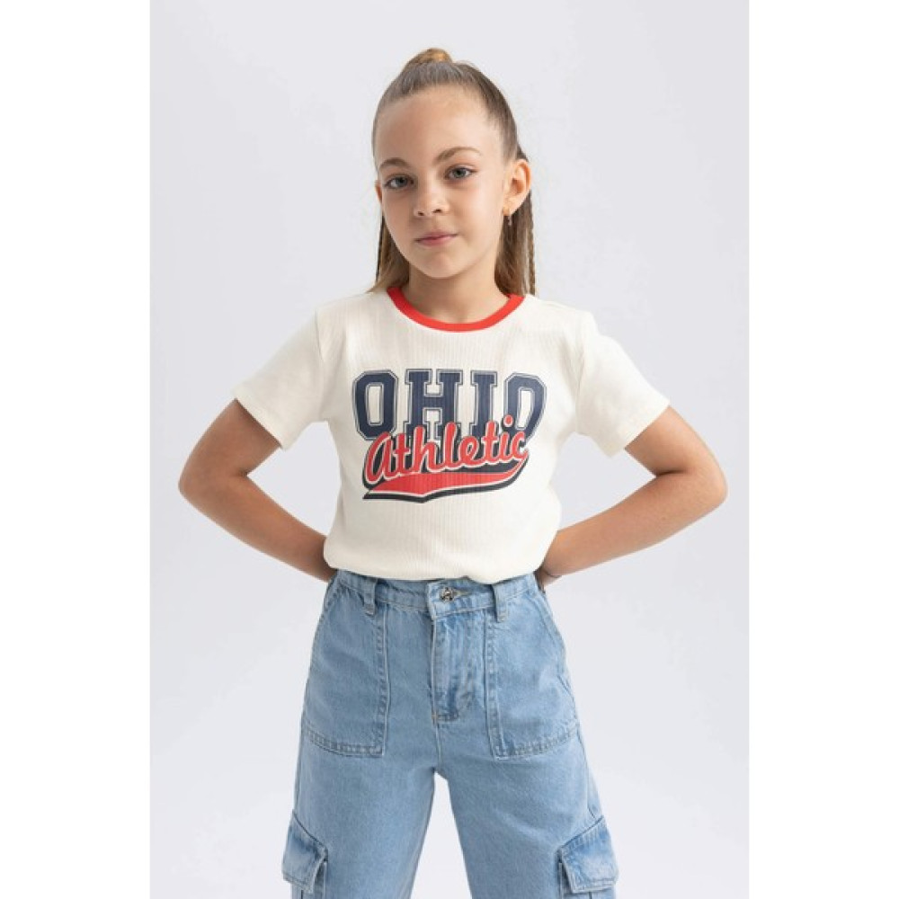 DeFacto Kız Çocuk Regular Fit Fitilli Kaşkorse Kısa Kollu Tişört B0427A823HS Kız Çocuk T-shirt Fiyatı