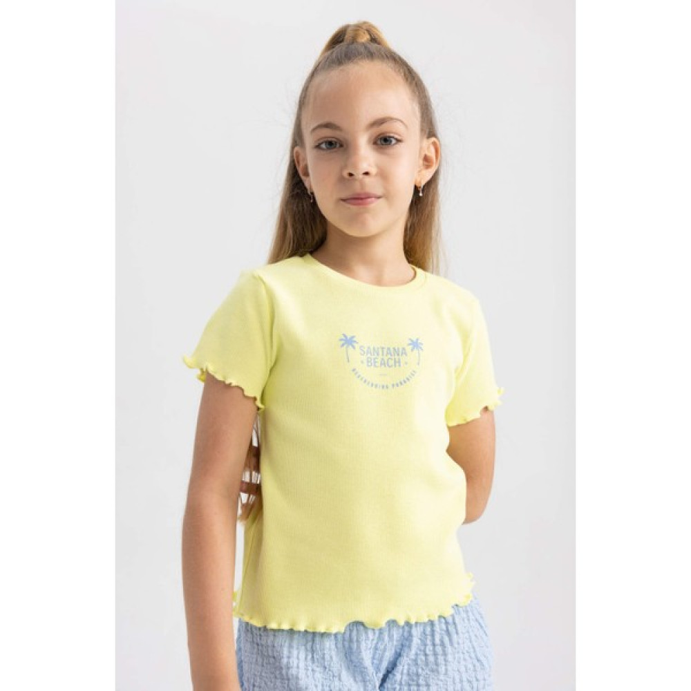 DeFacto Kız Çocuk Regular Fit Fitilli Kaşkorse Kısa Kollu Tişört B0827A823HS Kız Çocuk T-shirt Fiyatı