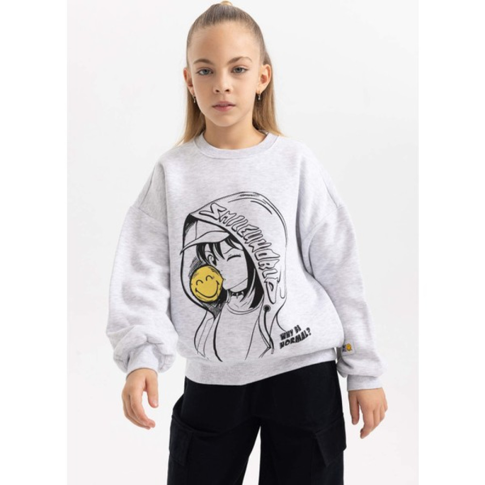 DeFacto Kız Çocuk SmileyWorld Oversize Fit Bisiklet Yaka İçi Yumuşak Tüylü Kalın Sweatshirt B5730A823WN Kız Çocuk Sweatshirt Fiyatı