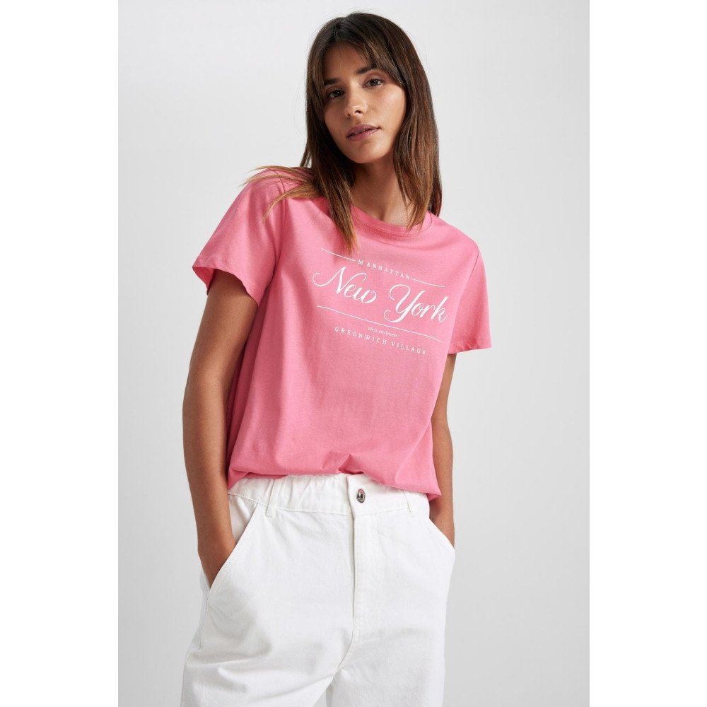 DeFacto Regular Fit Bisiklet Yaka Slogan Baskılı Kısa Kollu %100 Pamuk Tişört S Beden Bayan T-shirt Fiyatı
