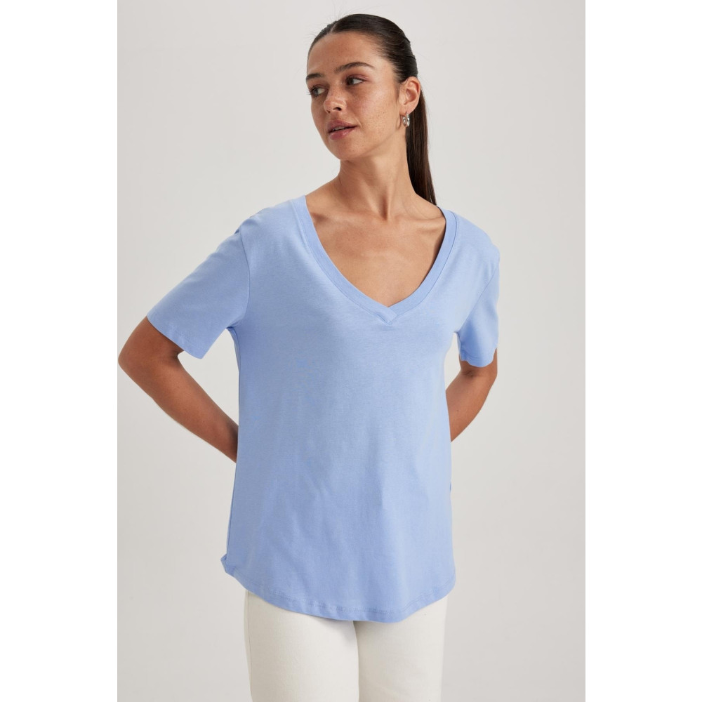 DeFacto Regular Fit V Yaka Kısa Kollu %100 Pamuk Tişört XL Beden Bayan T-shirt Fiyatı
