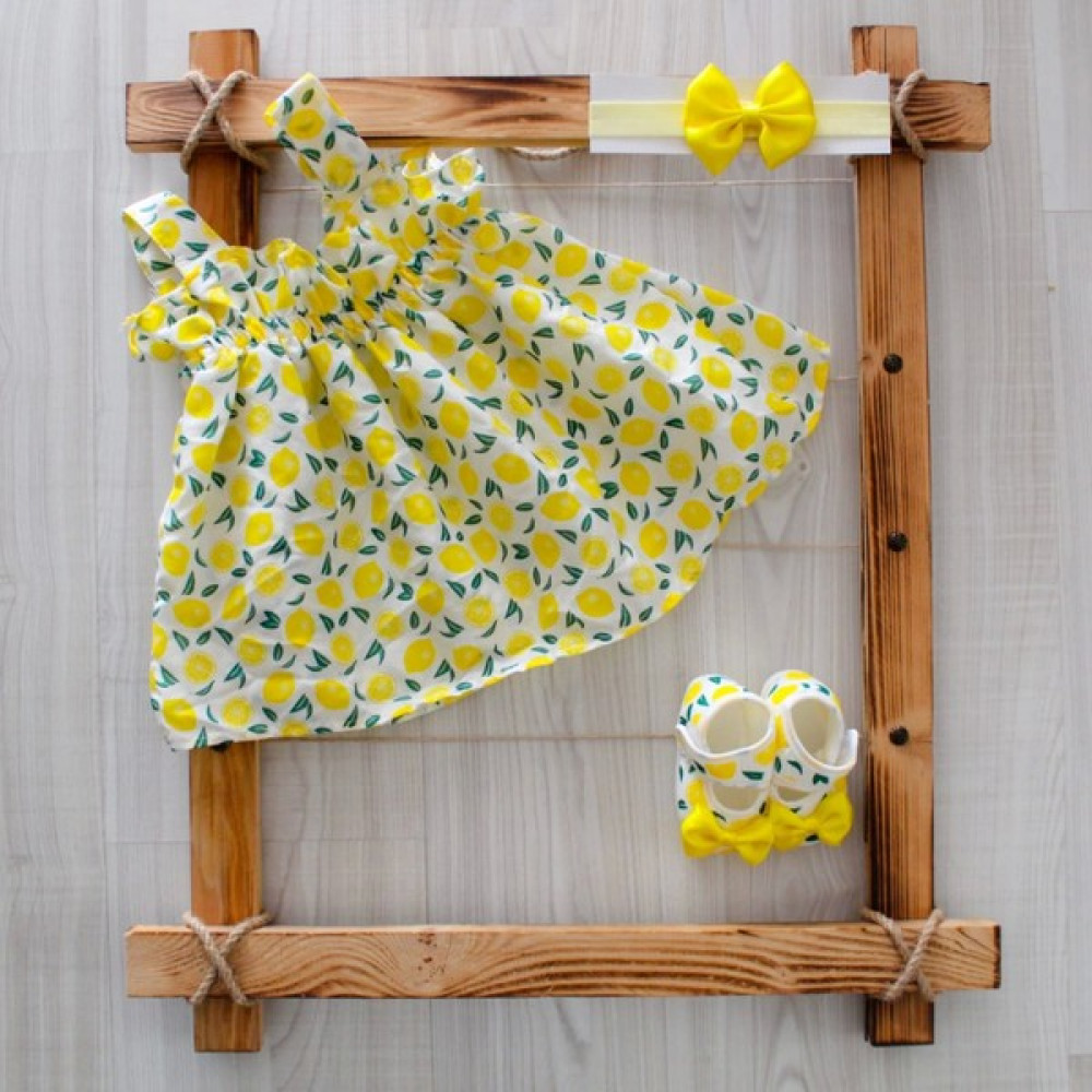 Defneli Bebe Kız Bebek Limon Baskılı Elbise Fiyonklu Bandana ve Ayakkabı 3'lü Takım Bebek Elbisesi Fiyatı