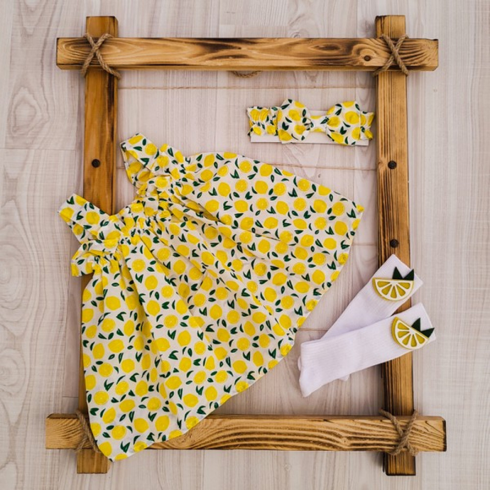 Defneli Bebe Kız Bebek Limon Baskılı Elbise Meyveli Bandana ve Dizaltı Portakallı Çorap 3'lü Takım Bebek Elbisesi Fiyatı