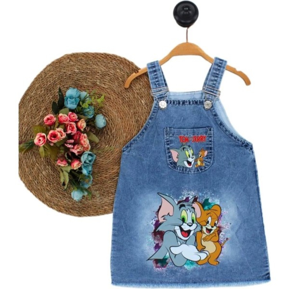 Defneli Bebe Kız Çocuk Kot Jile Salopet Tom ve Jerry Baskılı Denim Elbise - Model-5 Elbise Fiyatı