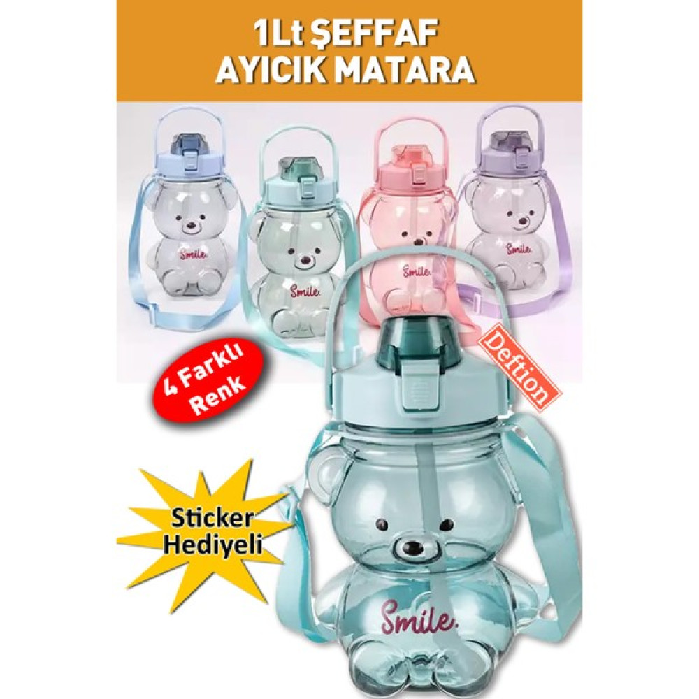 Deftion 1000ml Şeffaf Yeşil Sevimli Ayıcık Matara Ayıcıklı Motivasyon Okul Motive Spor Için 2D ve 3D Sticker Hediyeli Suluk Fiyatı