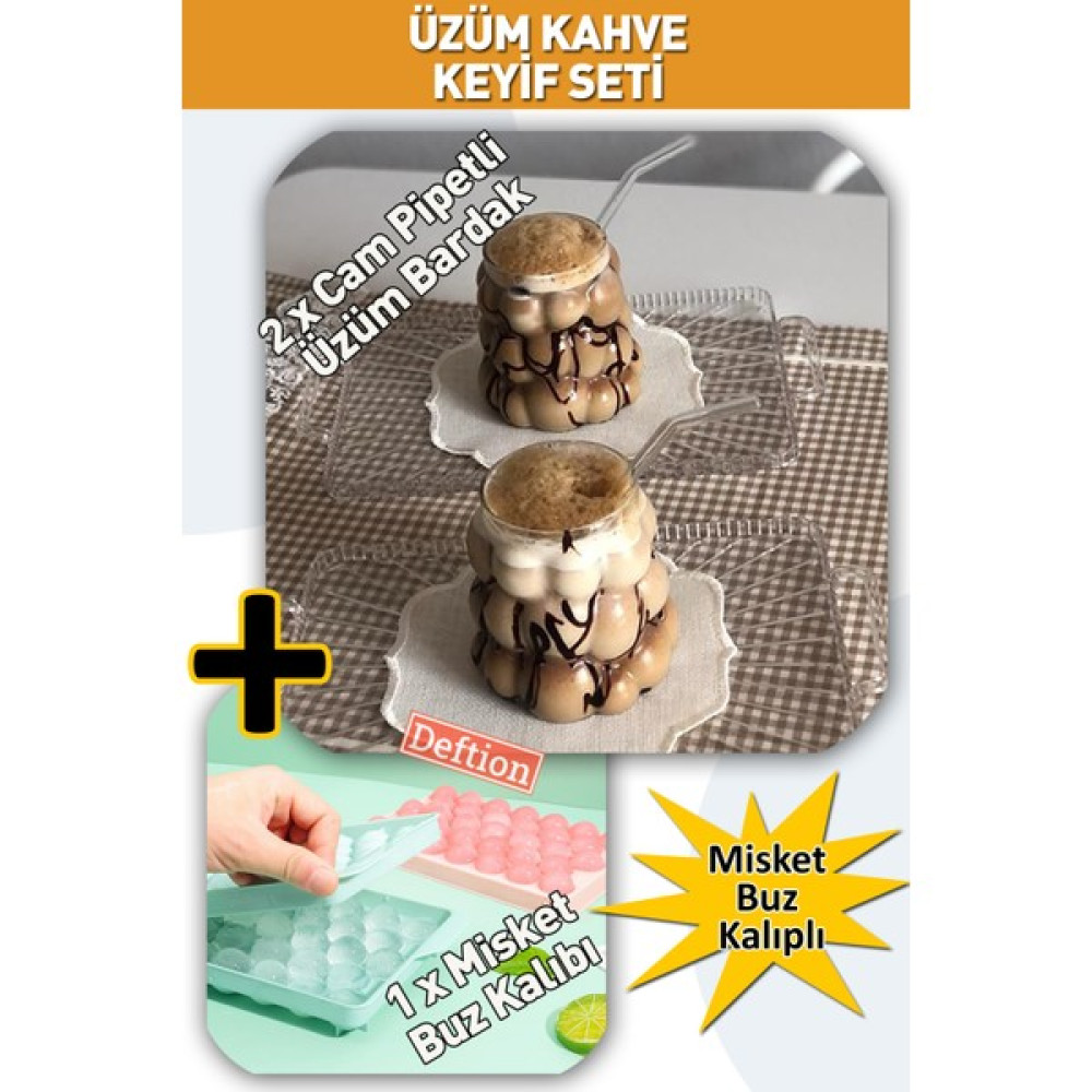 Deftion 2 Kişilik Üzüm Bardaklı Soğuk Kahve Servis Seti Bardak Cam Bardağı Bardakları Pipet Misket Buzluk Fincan / Bardak / Kahve Takımı Fiyatı
