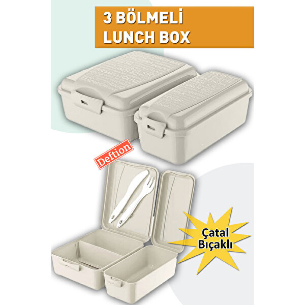 Deftion 3 Bölmeli Çatal Kaşıklı Lunch Box Beslenme Kutusu Çantası Lunchbox Yemek Seti - Krem Beslenme Çantası Fiyatı