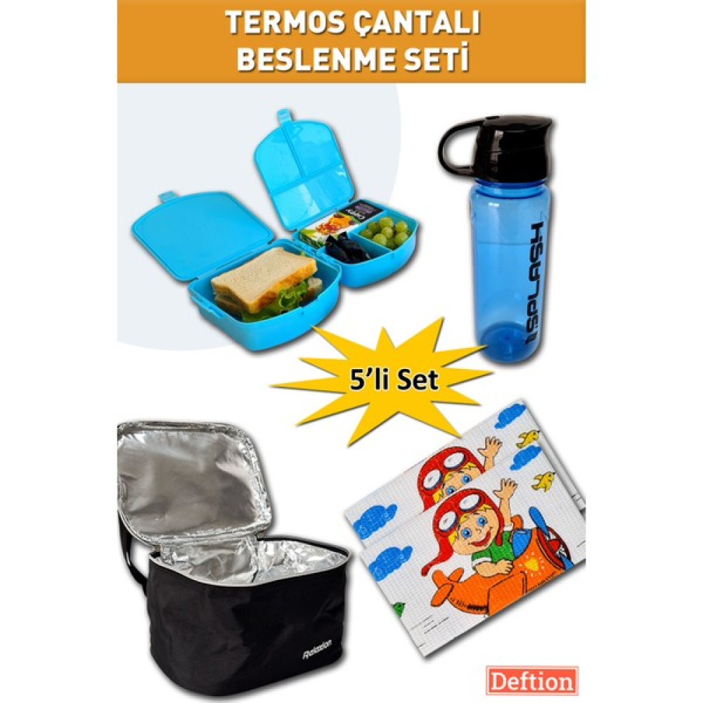 Deftion 5'li Erkek Çocuk Okul Beslenme Seti Kutusu Suluğu Matarası Örtüsü Termoslu Termal Çantası Beslenme Çantası Fiyatı