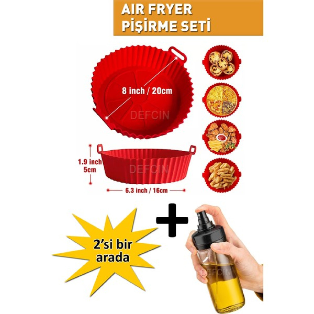 Deftion Airfryer Silikon Pişirme Kabı ve Cam Sprey Yağdanlık Yağlık Hava Fritözü Kalıbı Pişirme Kağıdı Airfrey Airfray Kek Kalıpları Fiyatı