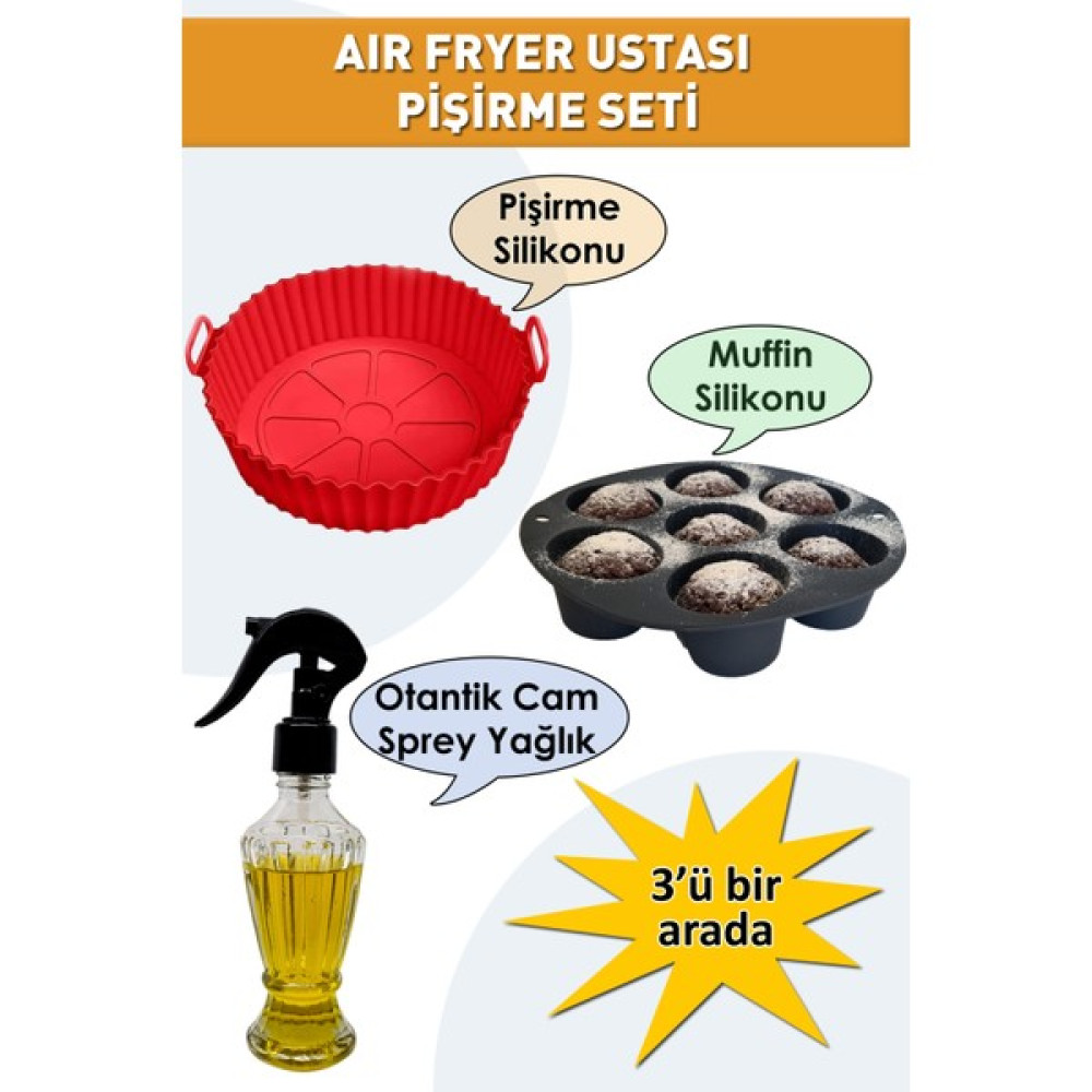 Deftion Airfryer Ustası Pişirme Seti Silikon Kap + Muffin Kabı + Cam Sprey Yağlık Kek Kalıpları Fiyatı