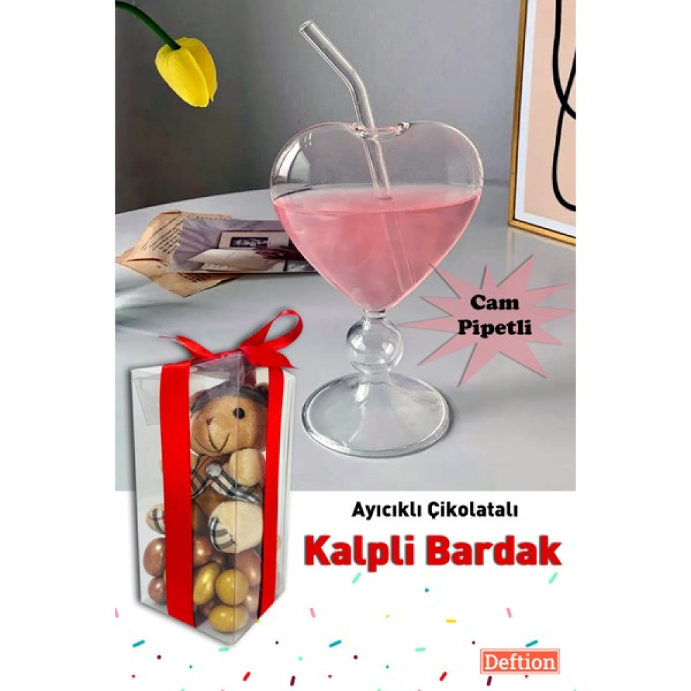 Deftion Sevgiliye Kalpli Borosiklat Bardak ve Çikolatalı Tatlı Ayıcık Konsept Hediye Seti Cam Pipetli Kalp Kadeh Fincan / Bardak / Kahve Takımı Fiyatı