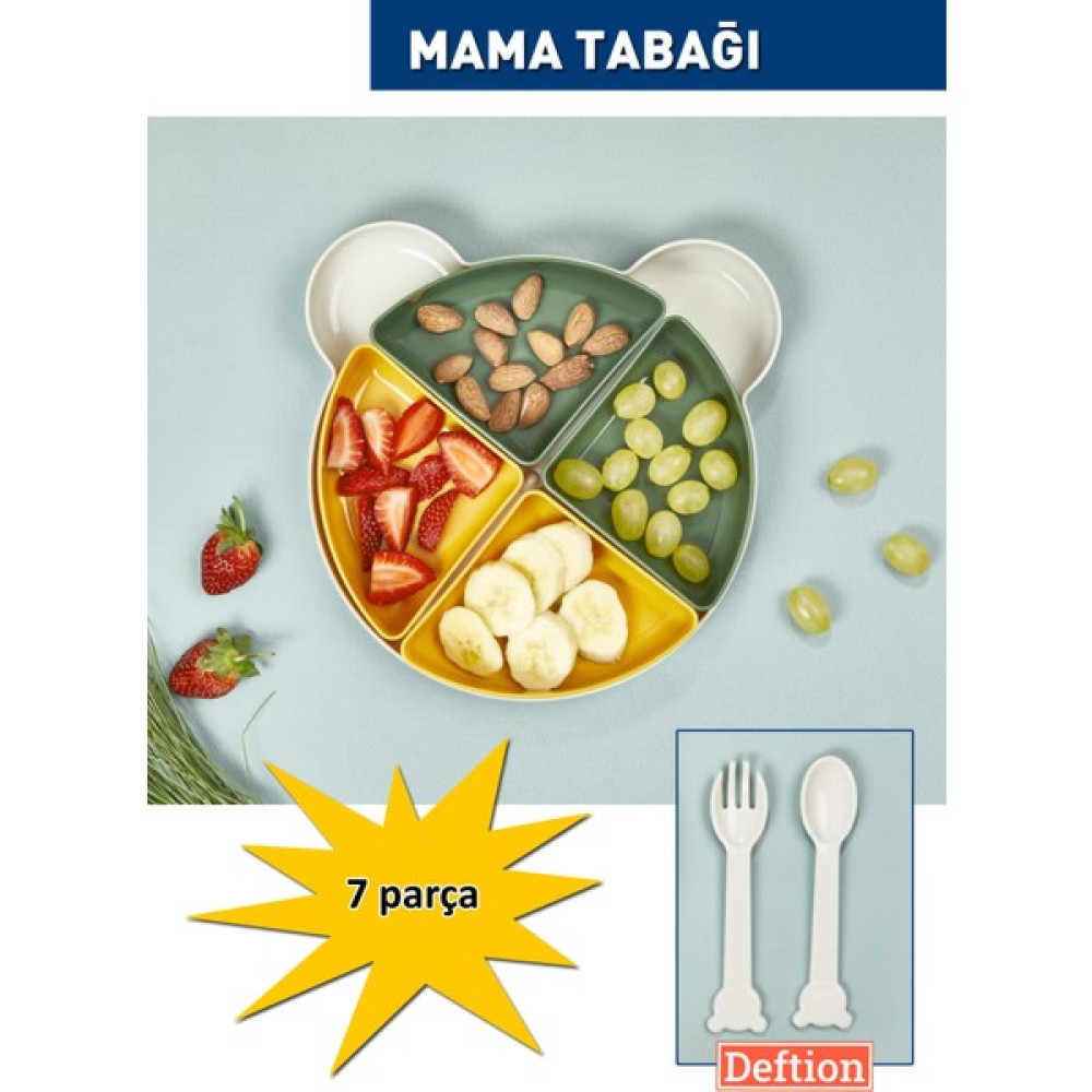Deftion Yogi 7 Parça 4 Bölmeli Yemek Seti Alıştırma Tabağı ve Çatal Kaşık Seti Yeşil Turuncu Mama Seti Fiyatı