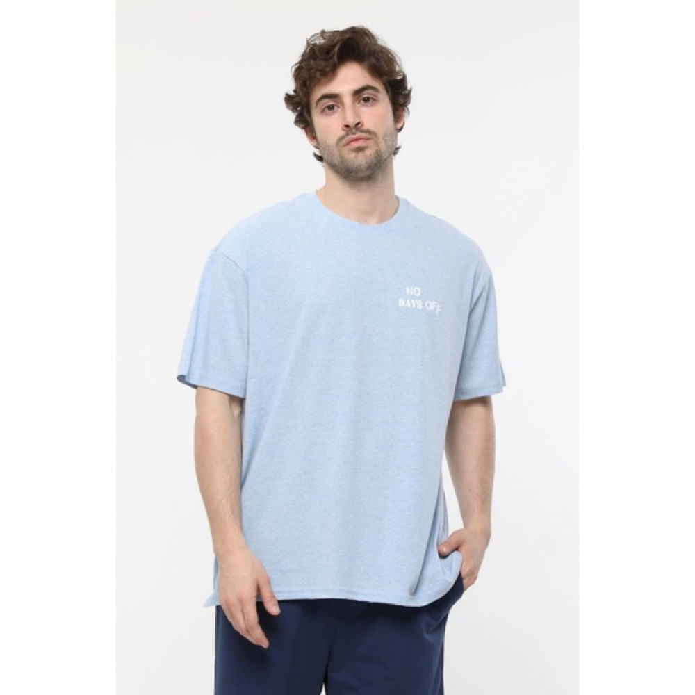Defy's Erkek Kısa Kollu Baskılı Oversıze Kalıp Bisiklet Yaka Tişört Mavi Melanj - L Erkek T-shirt Fiyatı