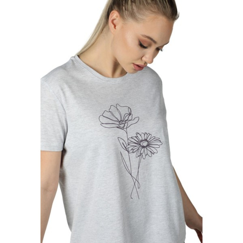 defy's Kadın Baskılı Kısa Kollu Arka Oval Bisiklet Yaka Tişört Kar Melanj - L Bayan T-shirt Fiyatı