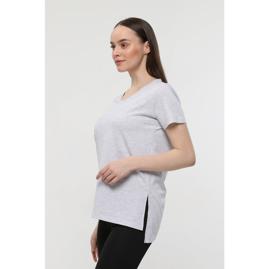 Defy's Kadın V Yaka Kısa Kollu Arkası Uzun Regular Fit Basic Tişört Kar Melanj Bayan T-shirt Fiyatı