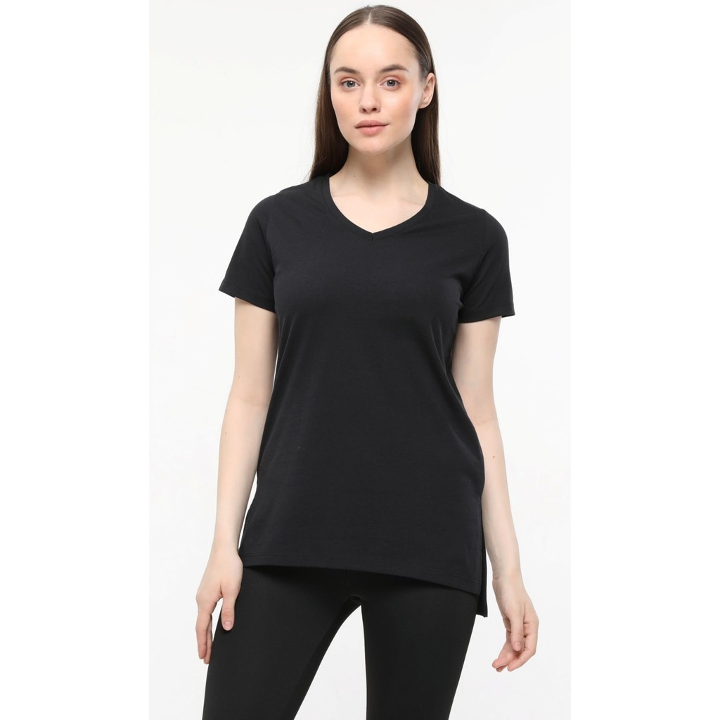 Defy's Kadın V Yaka Kısa Kollu Arkası Uzun Regular Fit Basic Tişört Siyah Bayan T-shirt Fiyatı