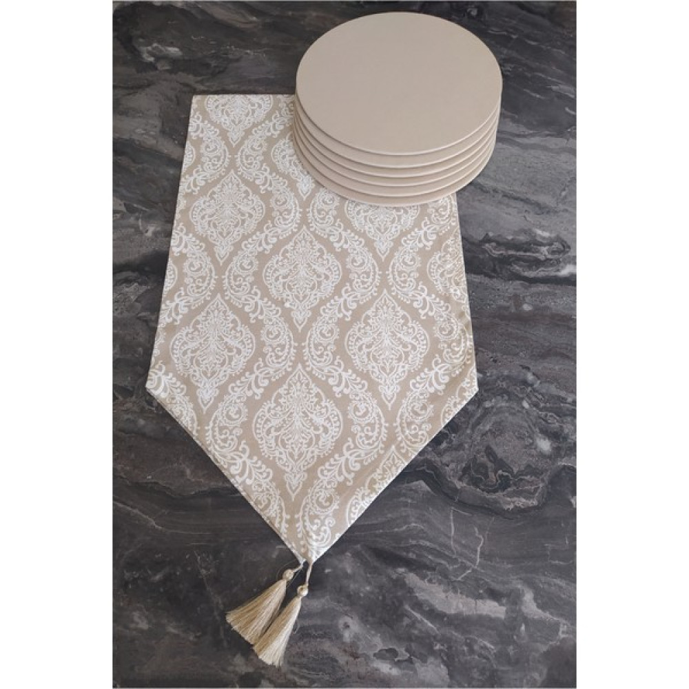 Dehaberk Desenli Runner+6 Adet Amerikan Servis Supla Seti - Cappuccino - 140 x 40 cm Masa Örtüsü Fiyatı