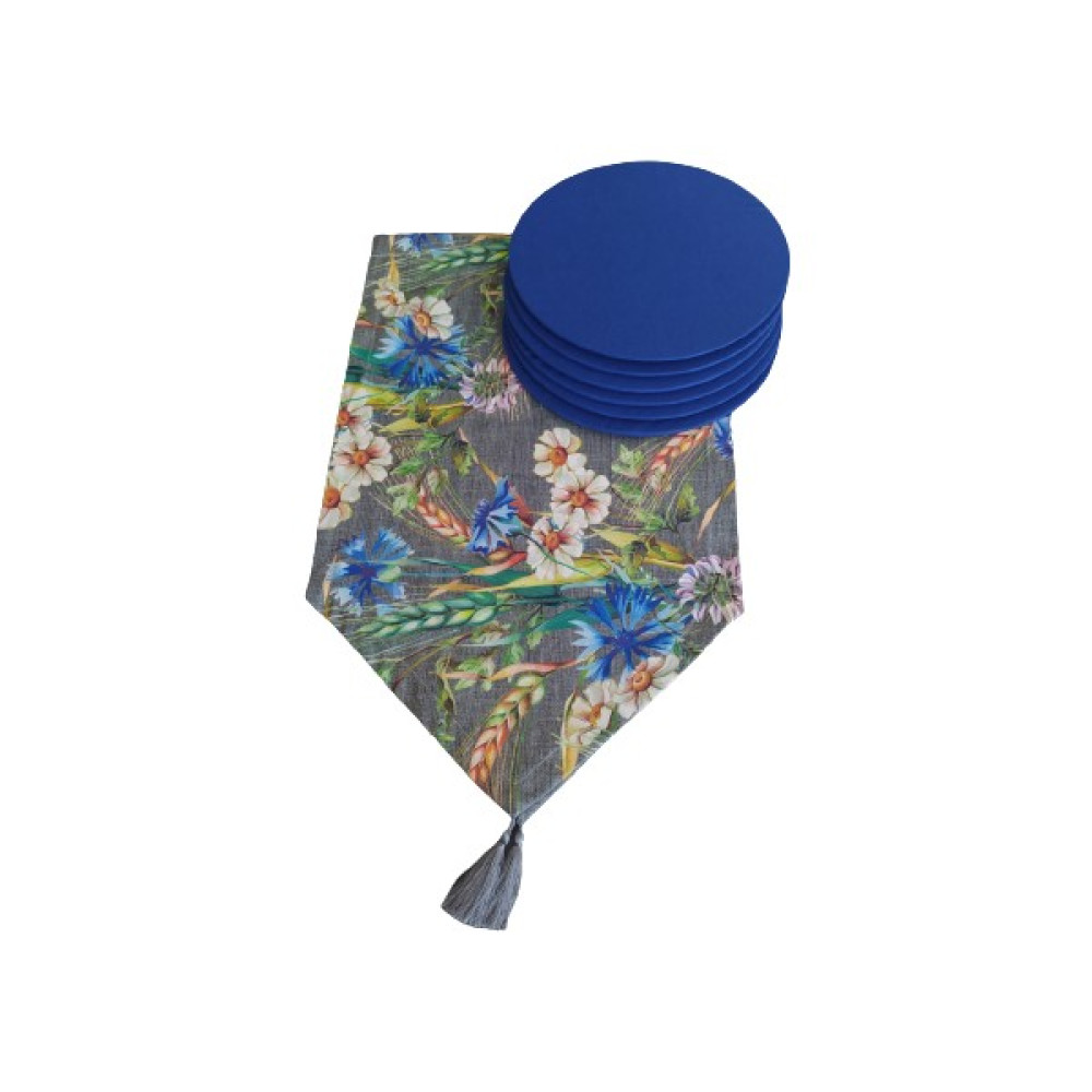 Dehaberkstore Başak Desen Runner+6 Adet Saks Mavisi Amerikan Servis Supla Seti - 140 x 40 cm - Renkli Masa Örtüsü Fiyatı