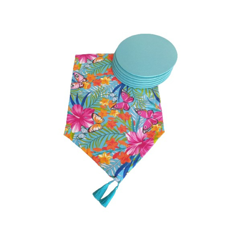 Dehaberkstore Kelebek Desenli Runner + 6 Adet Amerikan Servis Supla Seti - 140 x 40 cm - Mavi Masa Örtüsü Fiyatı